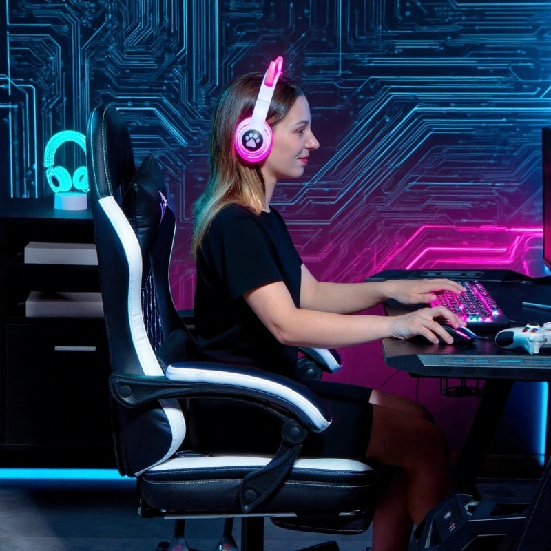 Sedia gaming reclinabile con poggiapiedi, cuscino lombare e poggiatesta girevole regolabile in altezza in poliestere nero