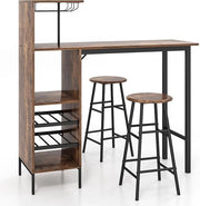 Set 3 Pezzi Tavolo e Sedie da Bar, Tavolo e Sgabelli da Pub Industriale con Porta Calici e 6 Portabottiglie da Vino, Set di Tavolo per Sala da Pranzo, Ristorante e Bar (Caffè)