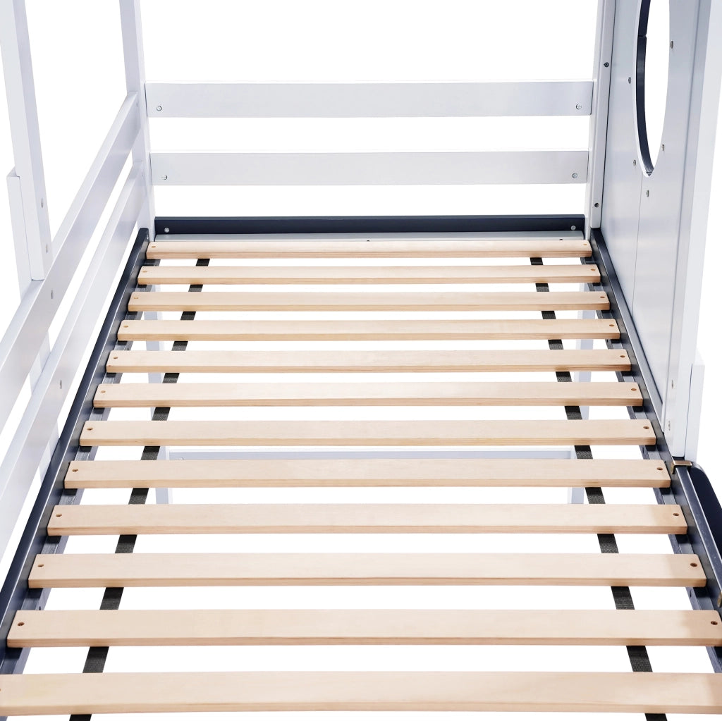 Letto a soppalco 90x200 cm con tetto; finestra; cassetto e scala in legno e MDF bianco e blu