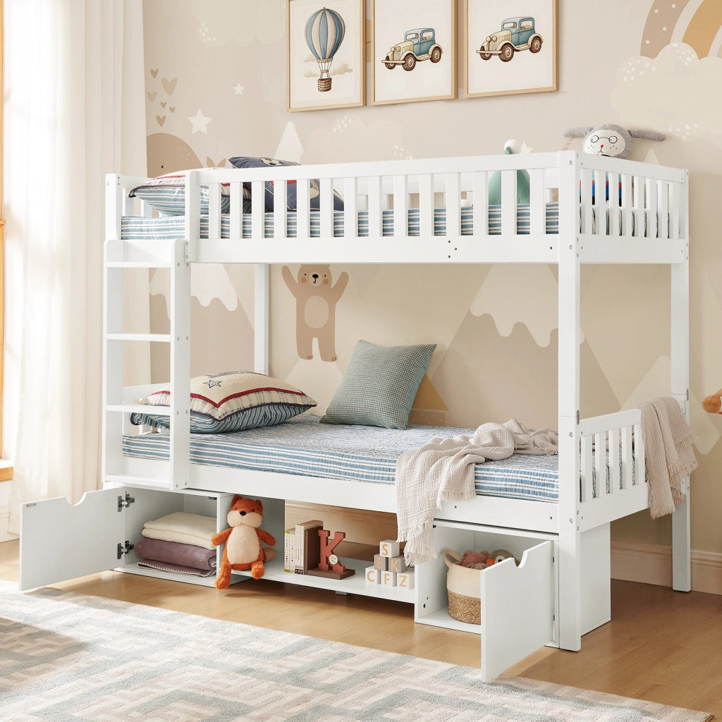 Letto bambini in legno di pino 90x200; scomponibile in 2 letti; sponde; cassetti; scala; bianco