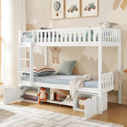 Letto bambini in legno di pino 90x200; scomponibile in 2 letti; sponde; cassetti; scala; bianco