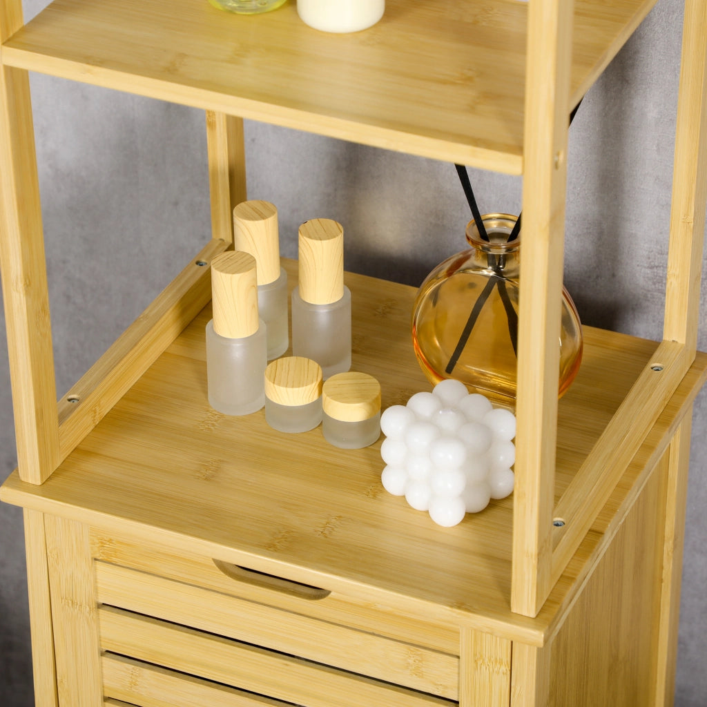 Mobile bagno alto in bambù 34 x 30 x 173 cm con 3 ripiani aperti e vano chiuso, antiribaltamento, naturale