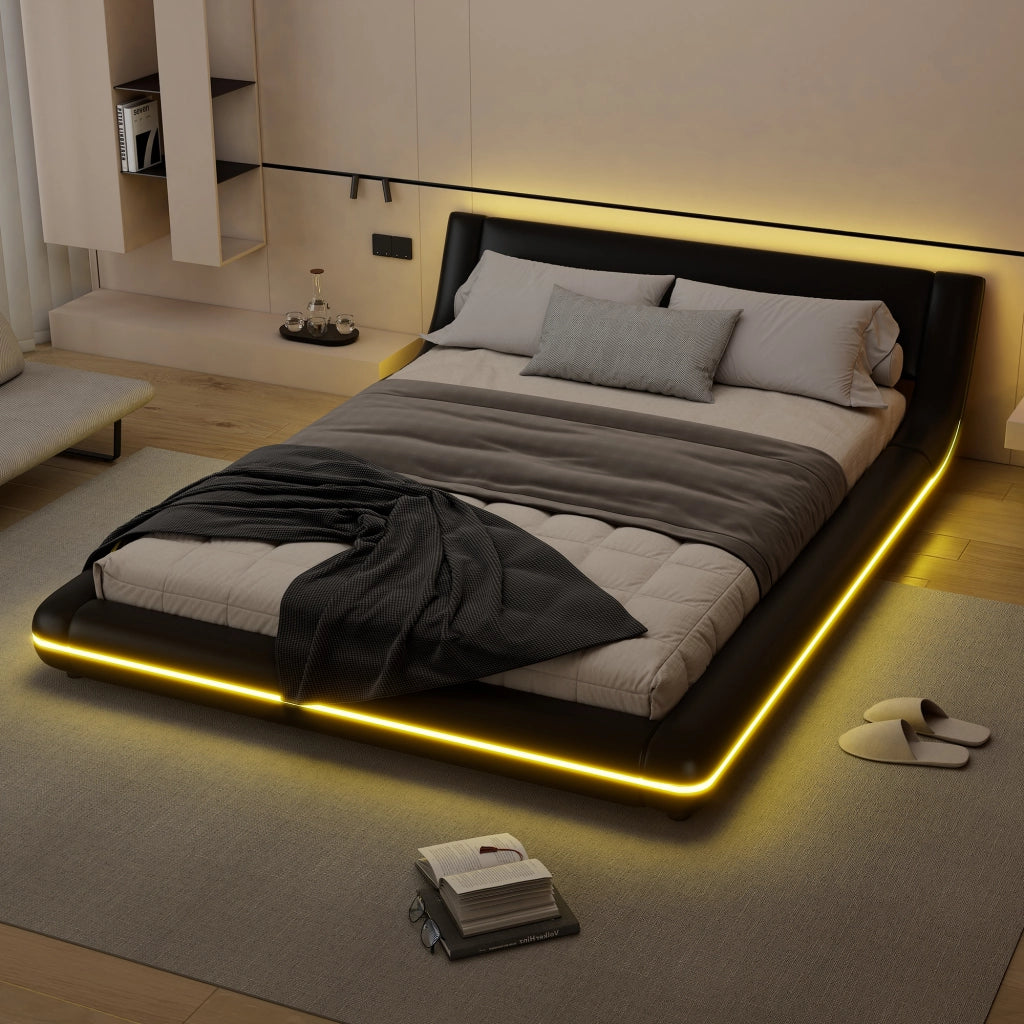 LETTO a pavimento 140x200 cm PU Nero con illuminazione LED