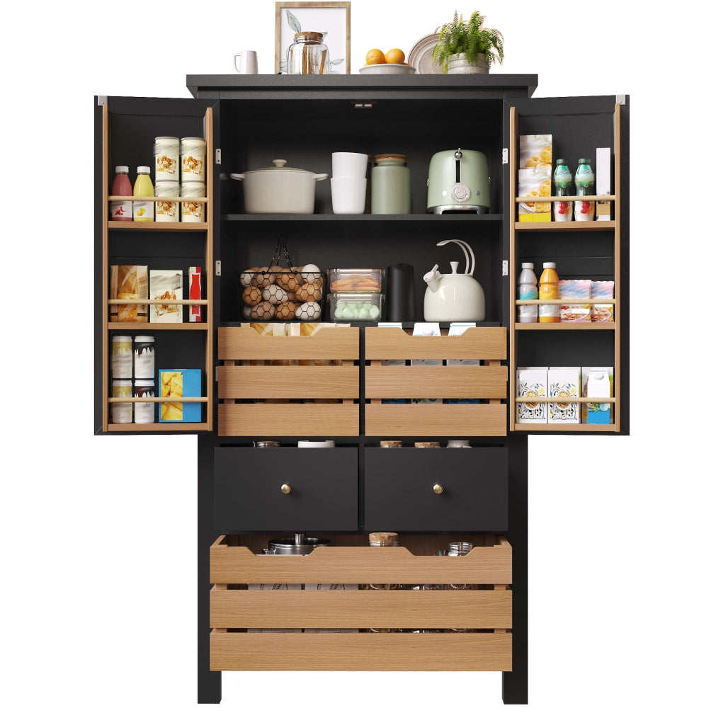 Credenza alta da cucina 80x40x140 cm nera con 2 ante e 5 cassetti
