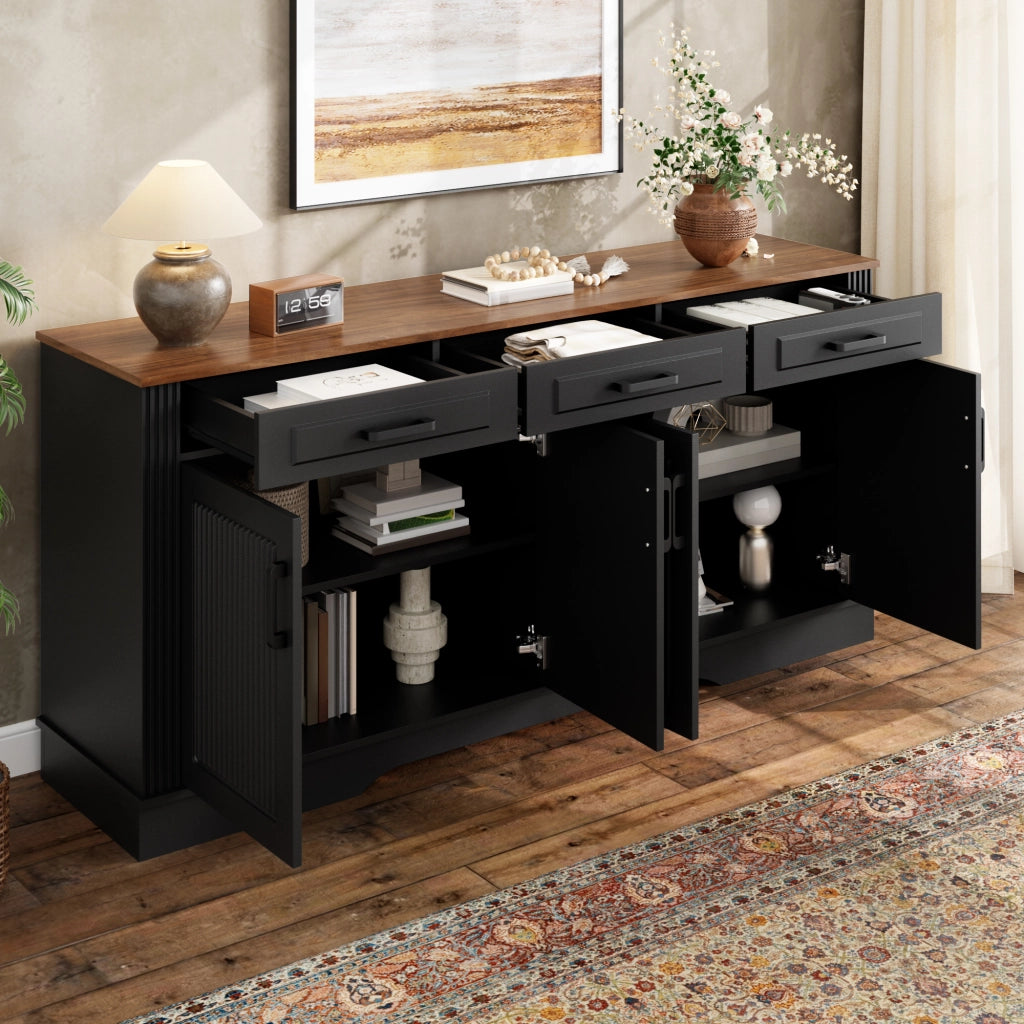 Credenza e madia con 4 ante 3 cassetti e 2 vani, in MDF, nero, per soggiorno e ingresso, 160 × 40 × 75 cm