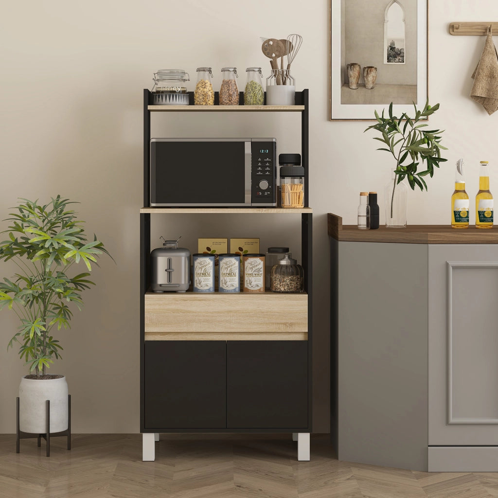 Mobile da cucina con ripiani e cassetto ¨C zephmum ¨C quercia e nero 60x40x131 cm