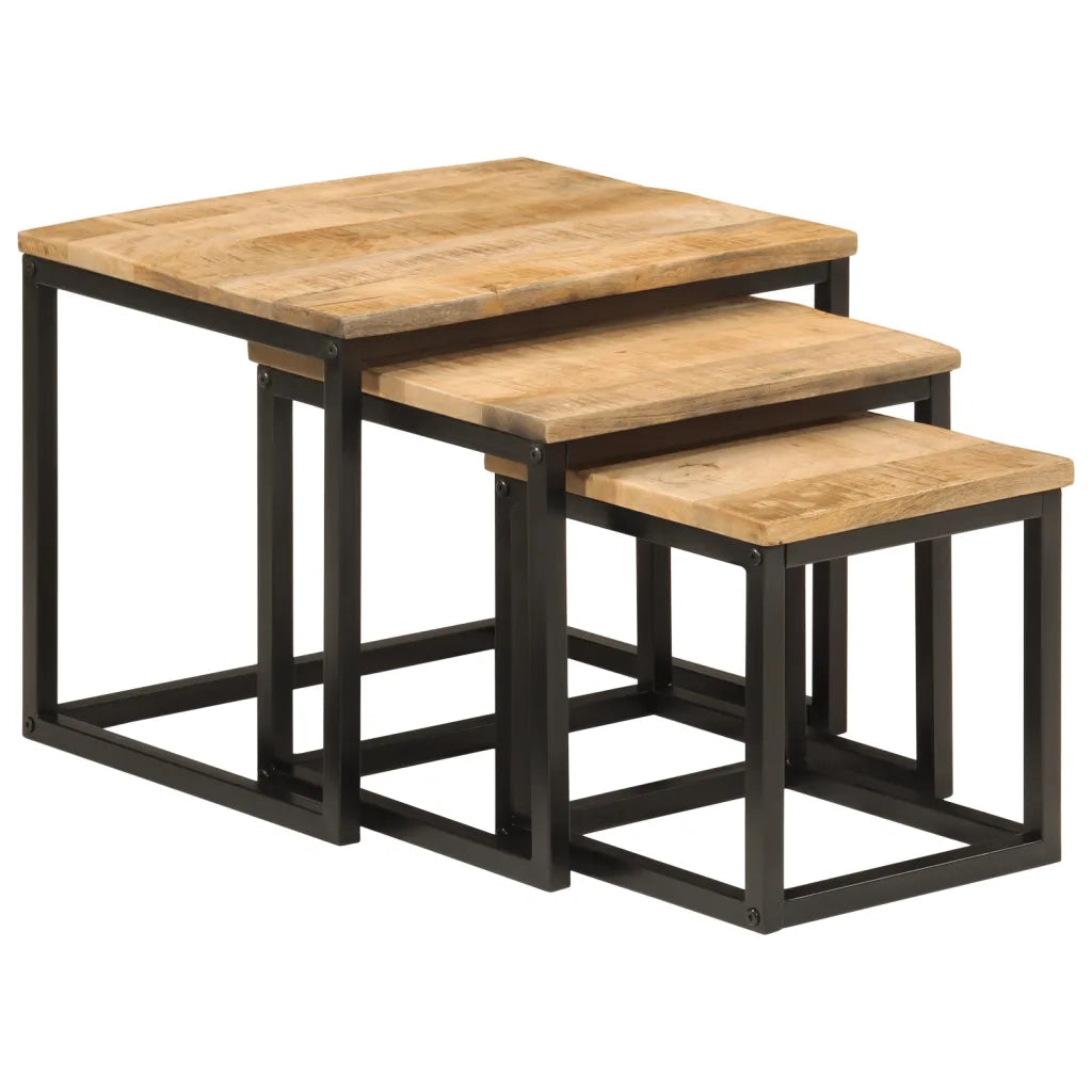 Tavolini a Incastro 3 pz in Legno Massello di Mango e Ferro 358569