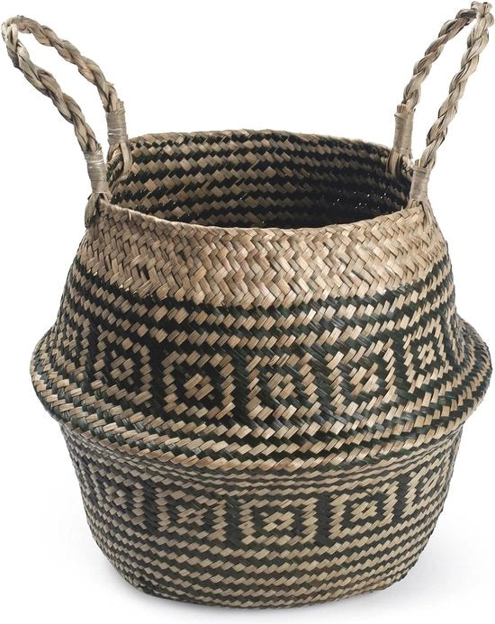Pianta in vaso di giunco, cesta naturale intrecciata, cesta intrecciata, cestino per piante con manico, contenitore per giocattoli (linee nere)