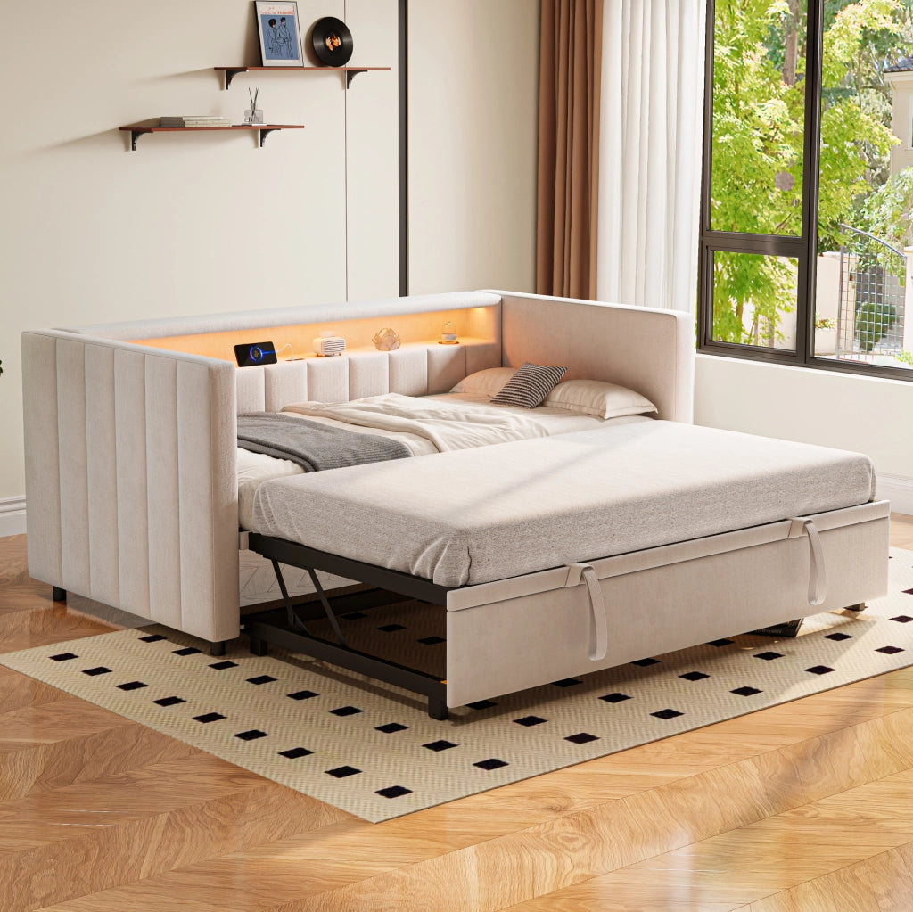 Divano letto 90x190 cm estraibile con LED e USB in velluto beige