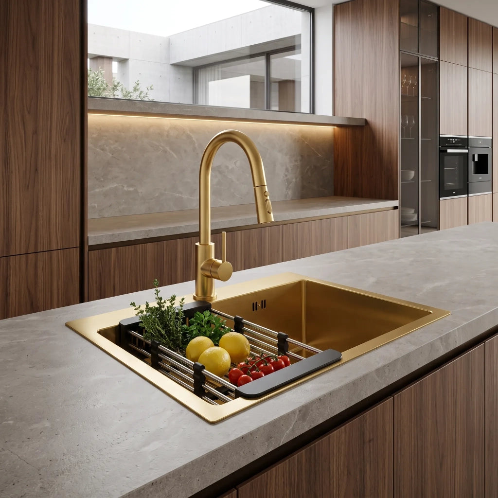 Lavello In Acciaio Con Set Di Accessori 3 Pz. Rea Leo 50 Brush Gold Accessori beige