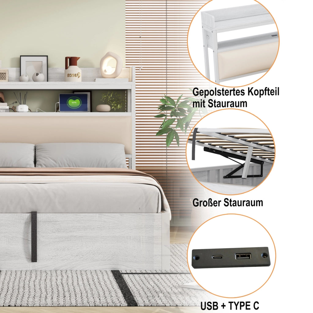 Letto 180x200 cm con contenitore idraulico in metallo; legno e tessuto bianco
