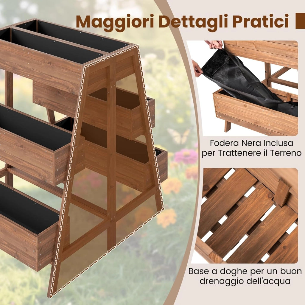 Orto Rialzato a 3 Livelli, Fioriere Rialzate in Legno Massello con Base Doghe e Tessuto, Aiuola Verticale per Piante da Interno ed Esterno per Giardino, Patio e Balcone, 126 x 90 x 115 cm