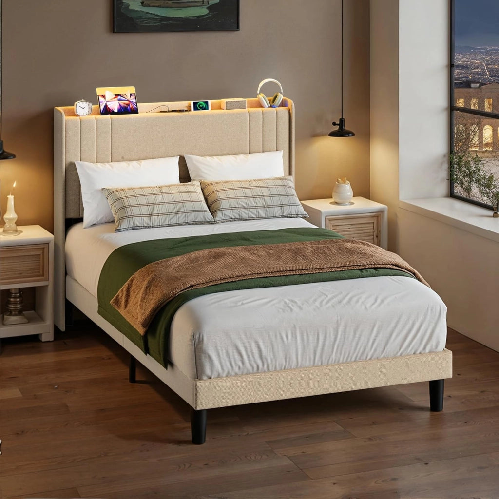 Letto imbottito con luce LED 120 x 200 cm，Piattaforma Struttura letto (2 Prese CA 2 Porte USB), Per le camere degli ospiti e le camere da letto (Grigio scuro)