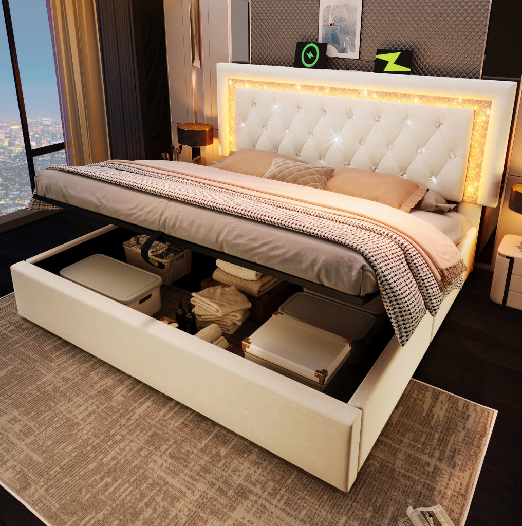 Letto matrimoniale 160x200 cm in velluto beige con LED nel testiera; USB e USB-C; contenitore idraulico
