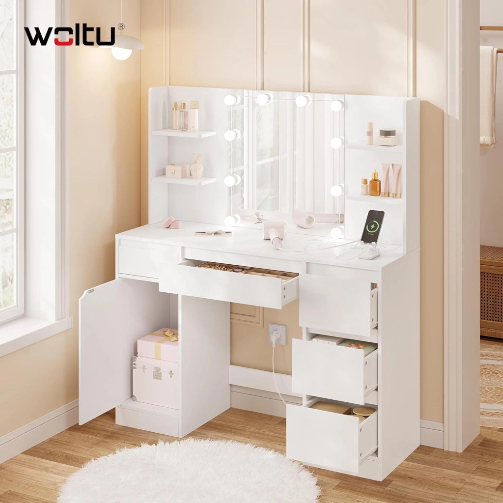 Toeletta Trucco con Specchio LED, Tavolo da Trucco con Sgabello e 4 Cassetti, Luci Regolabili a 3 Colori, Design Moderno Bianco per Camera da Letto