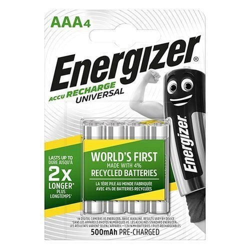 Energizer E301375700 Recharge Universal Batteria Ricaricabile Ministilo AAA Ni-MH 1,2V 500 mAh confezione 4 pezzi colore Verde Argento