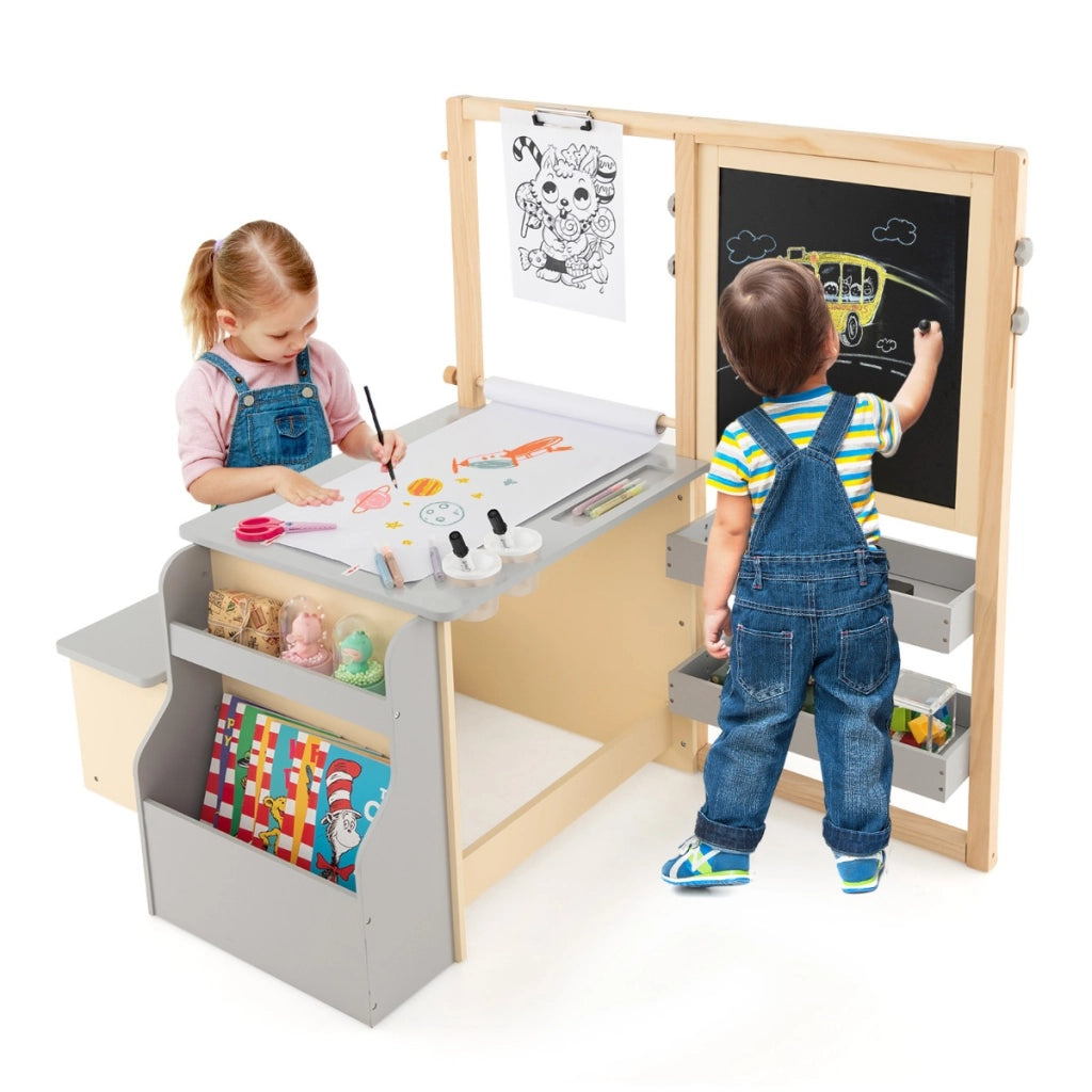 Set tavolo e panca per bambini con cavalletto regolabile a doppia faccia, Centro artistico in legno 114x81x100cm Grigio