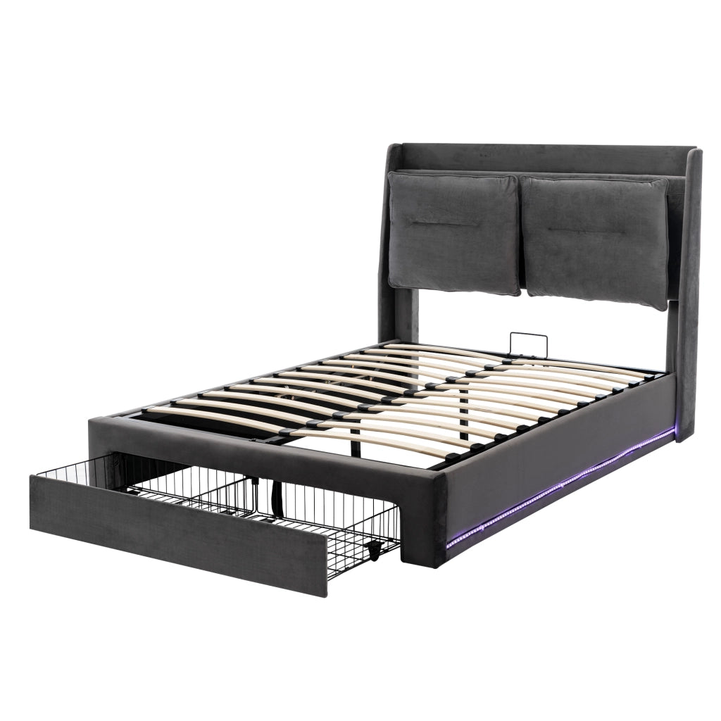 Letto matrimoniale imbottito 140x190 cm in velluto grigio scuro con LED, contenitore idraulico e cassetto finale