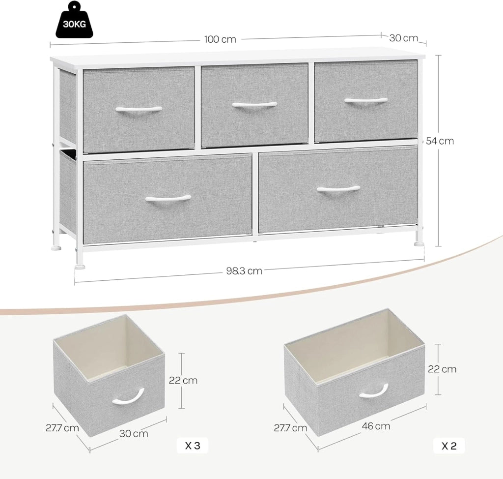 Cassettiera Camera da Letto, Cassettiera con 5 Cassetti a 2 Livelli in Tessuto, Mobile con Cassetti Industriale, Struttura in Metallo e Legno, Grigio Tortora + Bianco Nuvola