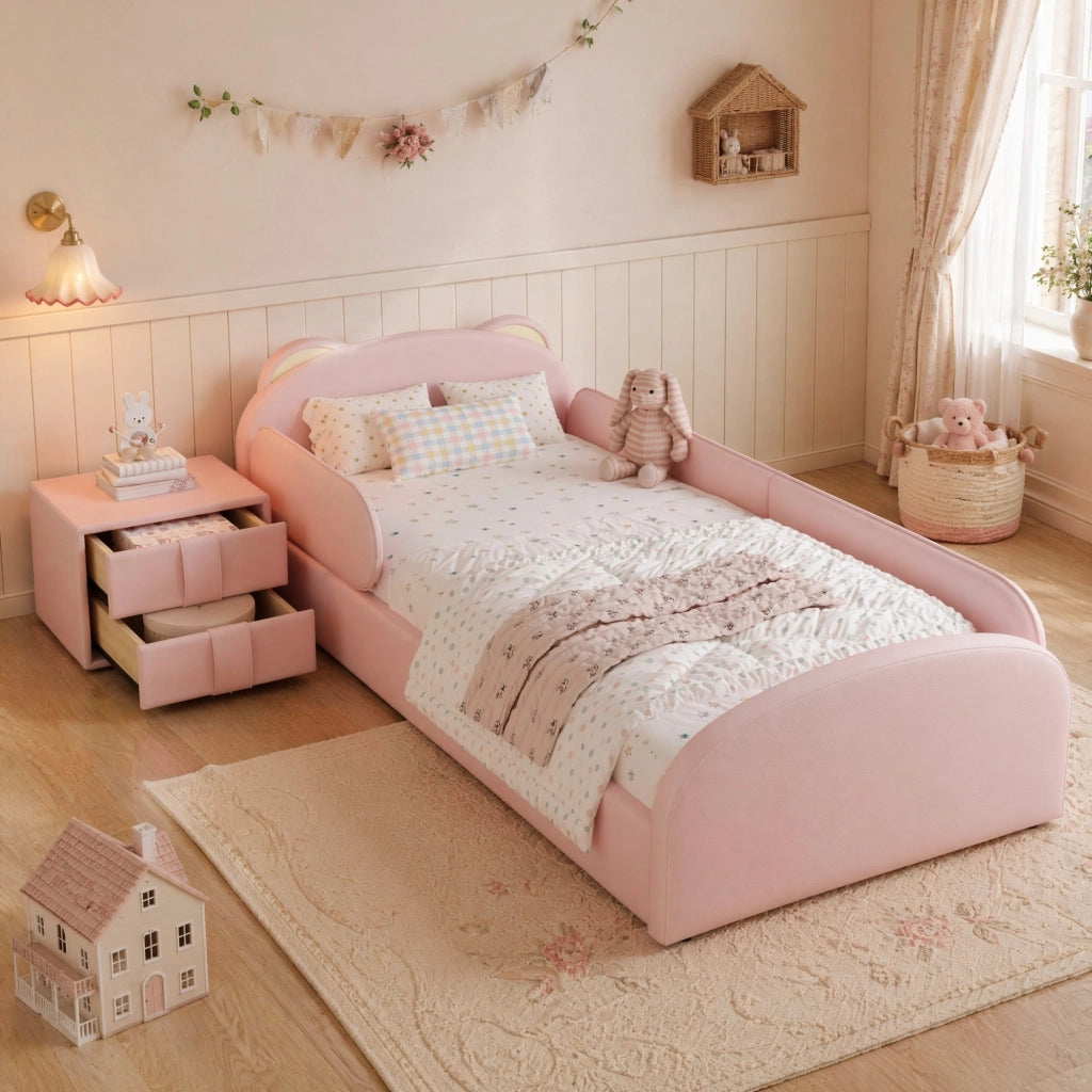 Letto singolo imbottito per bambini rosa 90x200 cm con comodino
