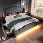 Letto matrimoniale-Xylo-140x200 cm-4 cassetti, LED, USB-C, velluto grigio, senza materasso