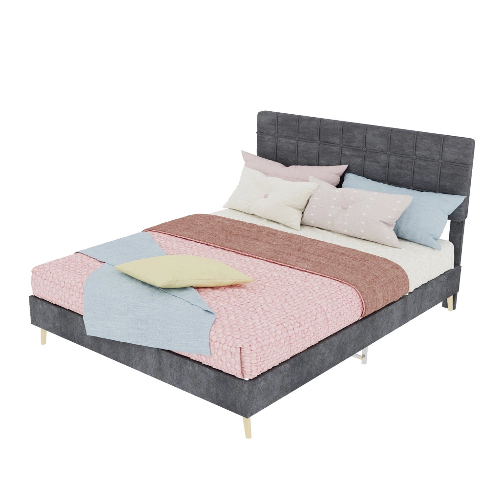 Letto matrimoniale rivestito in velluto grigio 140x200 cm