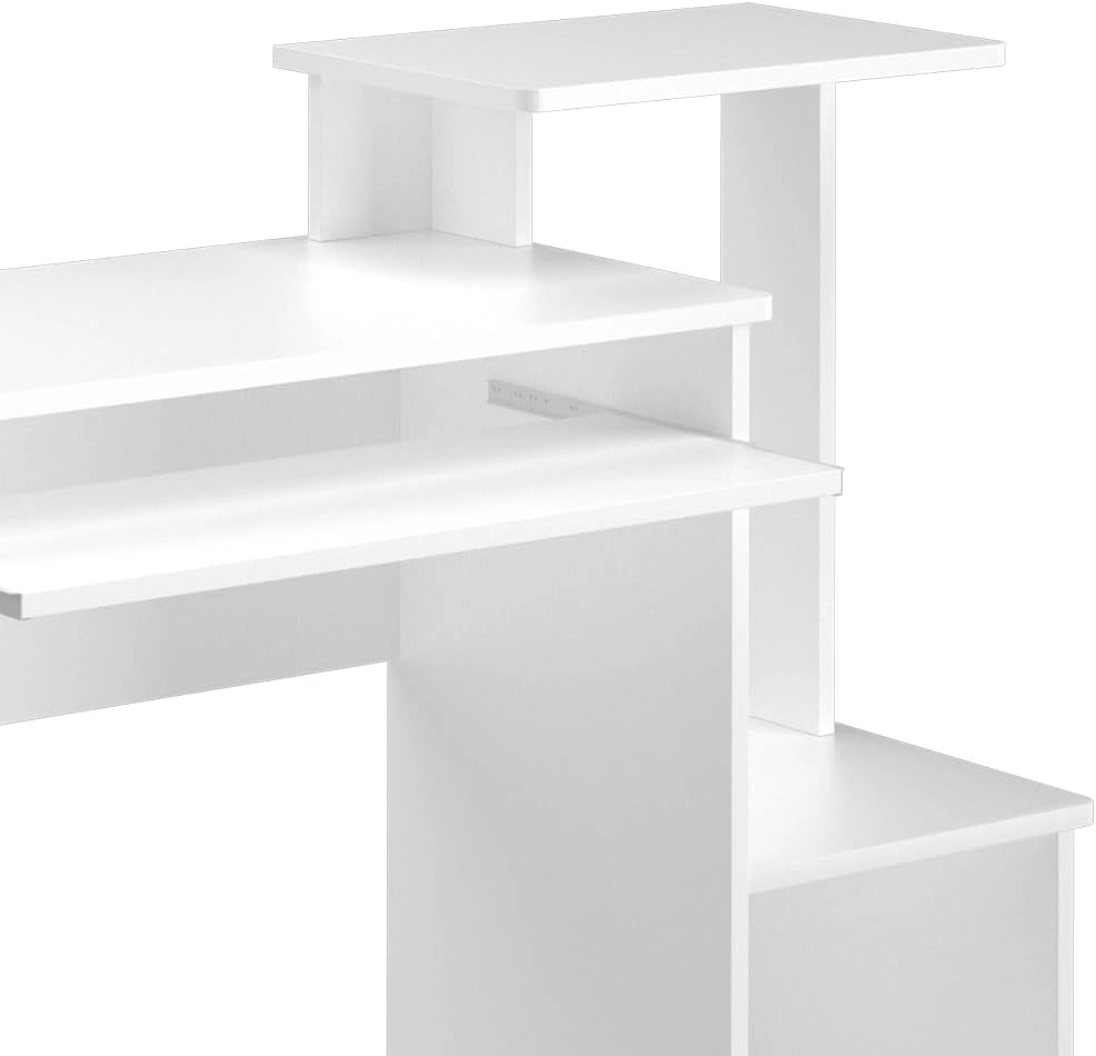 Scrivania con ripiani Karl, Bianco, 106 x 40 cm, con vani aperti e ripiano estraibile per tastiera