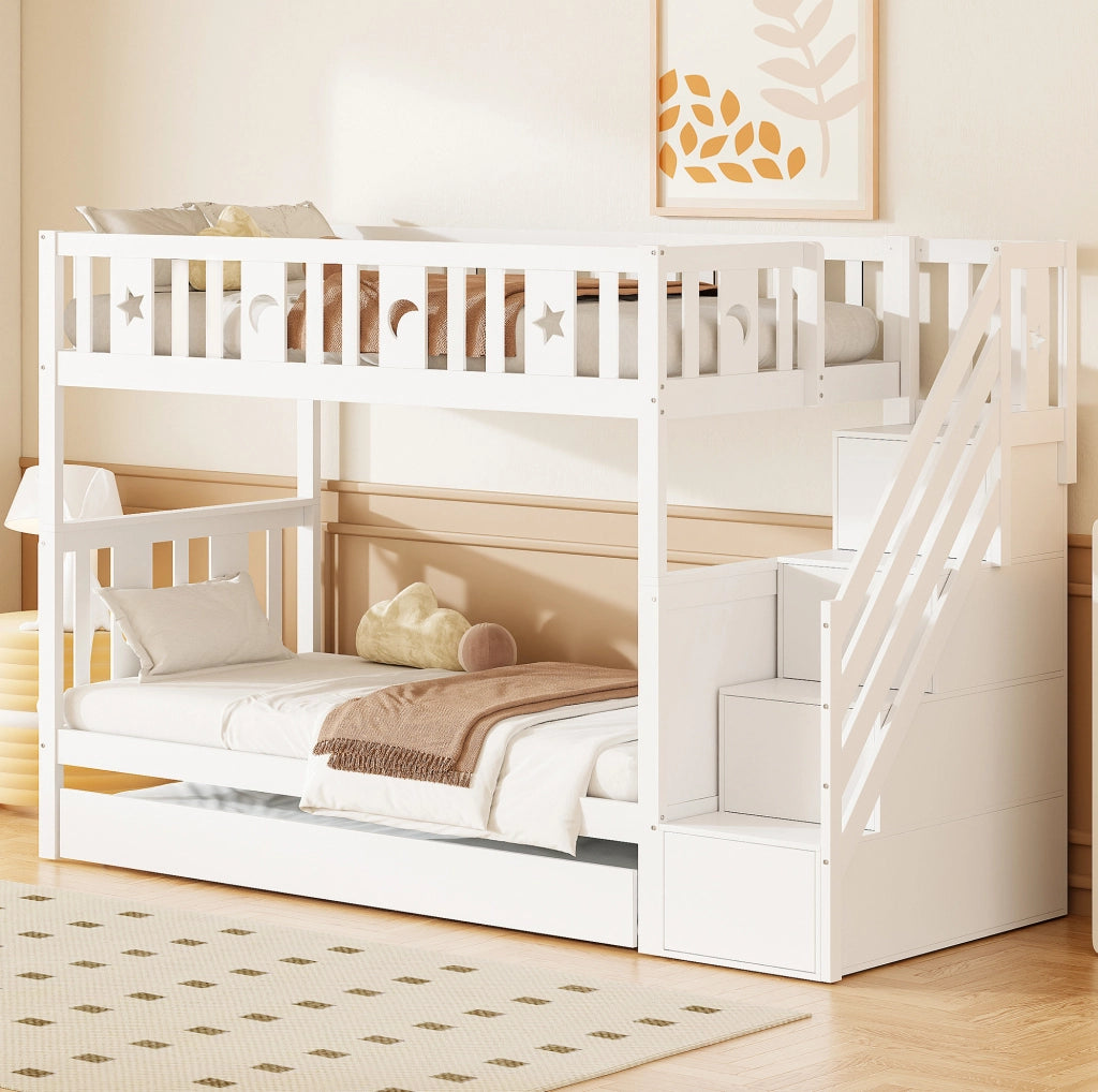 Letto a castello per bambini con letto estraibile e scala contenitore; 90x200 cm; bianco