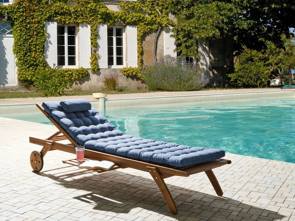 Cuscino per lettino da sole in poliestere blu, resistente ai raggi UV e idrorepellente, con lacci e poggiatesta, imbottitura spessa