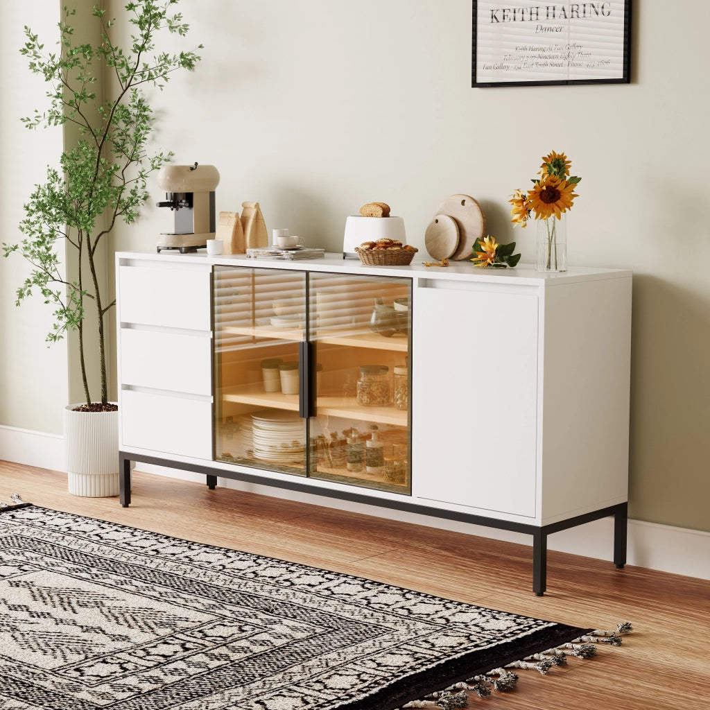 Buffet-Schrank mit Aufbewahrung - Zephmum - K¨¹che Seitenpanel mit T¨¹ren und 3 Schubladen, wei?