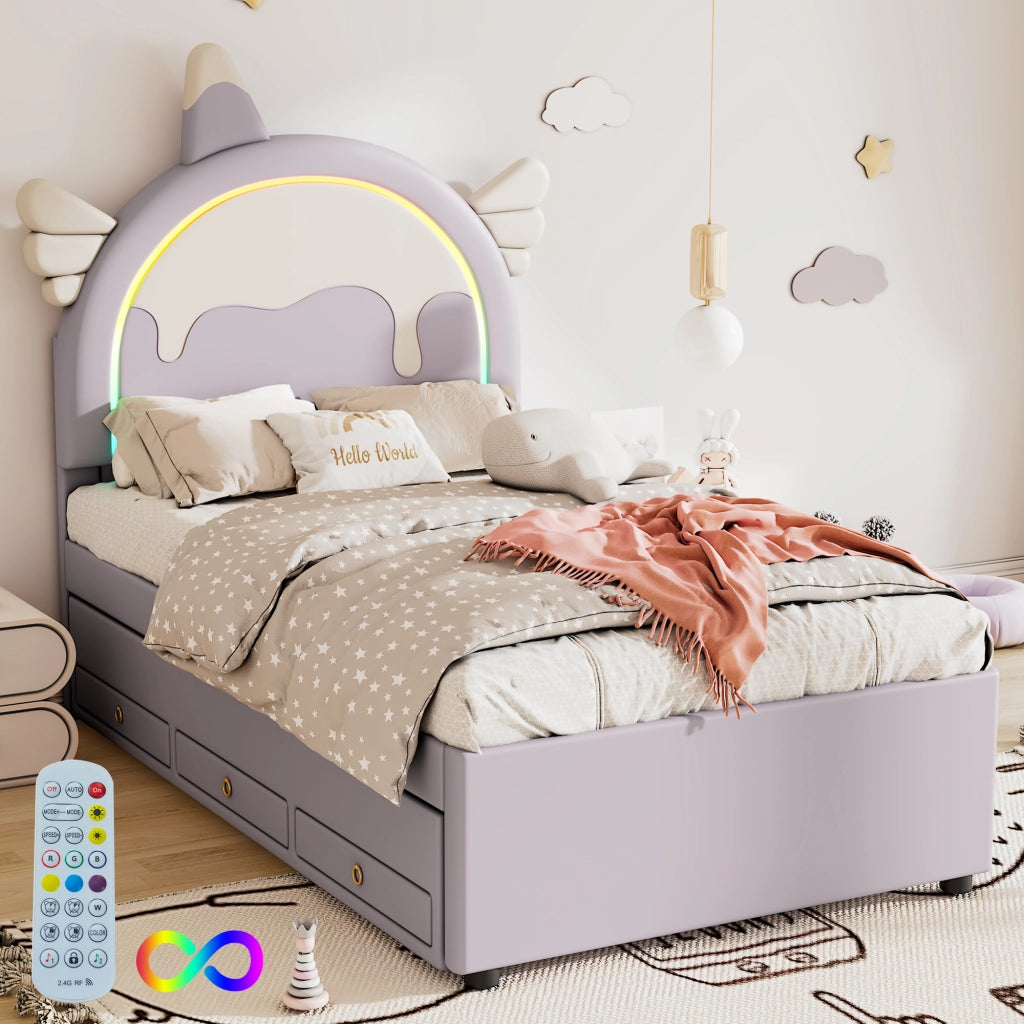 OKWISH Letto Bambini 90×200 cm, Letto Singolo con Letto Estraibile, 2 Cassetti e Testiera a Unicorno, senza Materasso, in PU, Viola