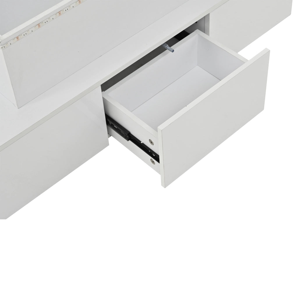 Tavolino da salotto 100x50x40 cm; piano rialzabile con LED e 4 cassetti; MDF bianco