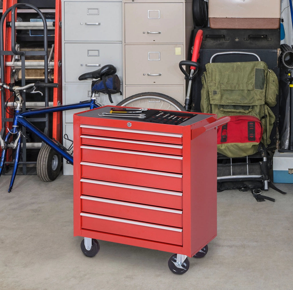 Carrello portautensili in acciaio rosso con 7 cassetti e ruote