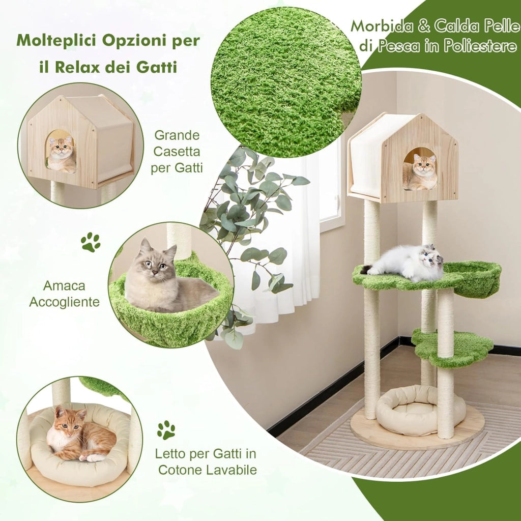 Albero Tiragraffi per Gatti 139 cm, Torre Multi-livello in Legno con Tiragraffi in Sisal, Piattaforme di Salto, Trespolo e Amaca, Centro di Attività per Gatti, Verde