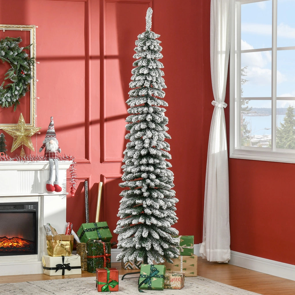 Albero di Natale artificiale, innevato, design sottile, ignifugo, 210 cm, verde/bianco