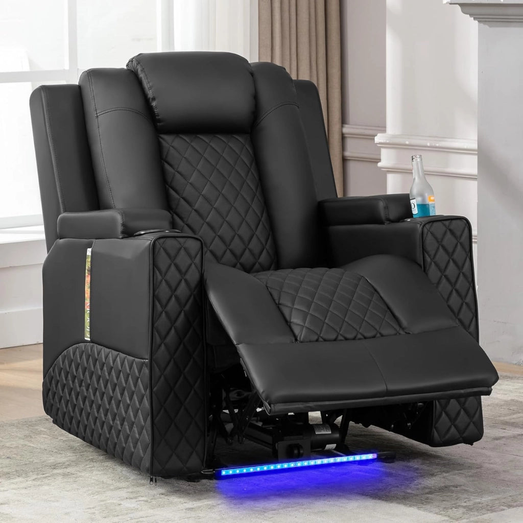 Poltrona Massaggiante Elettrica Illuminazione a LED Divano Telaio Home Theater Shake Divano Reclinabile Girevole con 2 Portabicchieri Nero