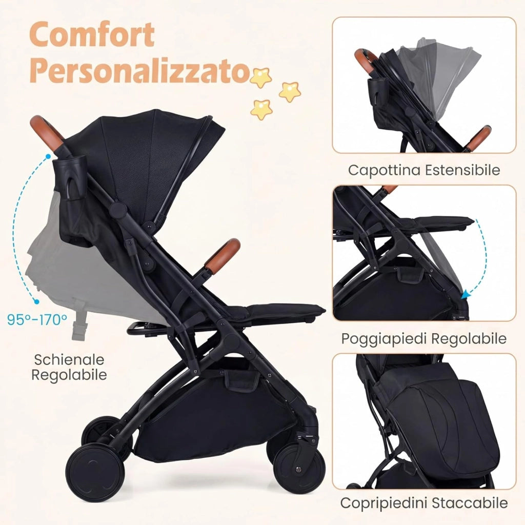Passeggino Leggero per Neonati con Tettuccio, Schienale e Poggiapiedi Reclinabili, Passeggino Pieghevole con Portabicchieri, Cestello Portaoggetti, per Bambini 0-3 Anni (Nero)