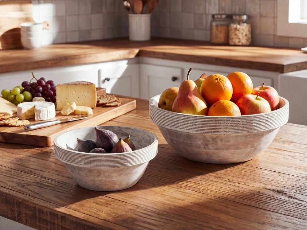 Set di 2 ciotole per frutta in legno di mango fatte a mano in stile moderno marrone chiaro