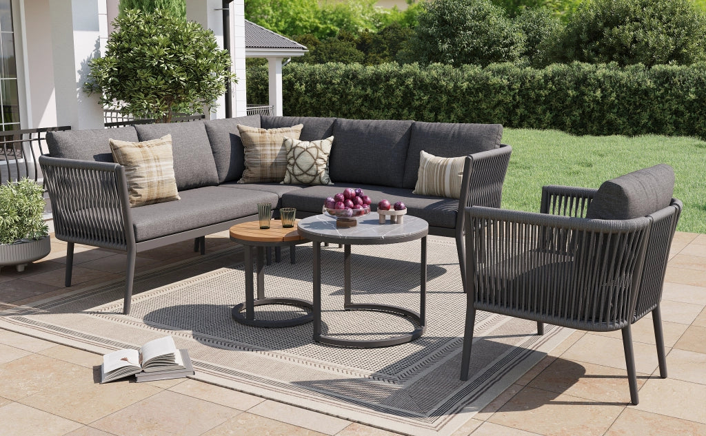 Set giardino 5-6 persone 6 pezzi: corda sedute + Divanooo angolare modulare; cuscini; terrazzo/balcone; grigio