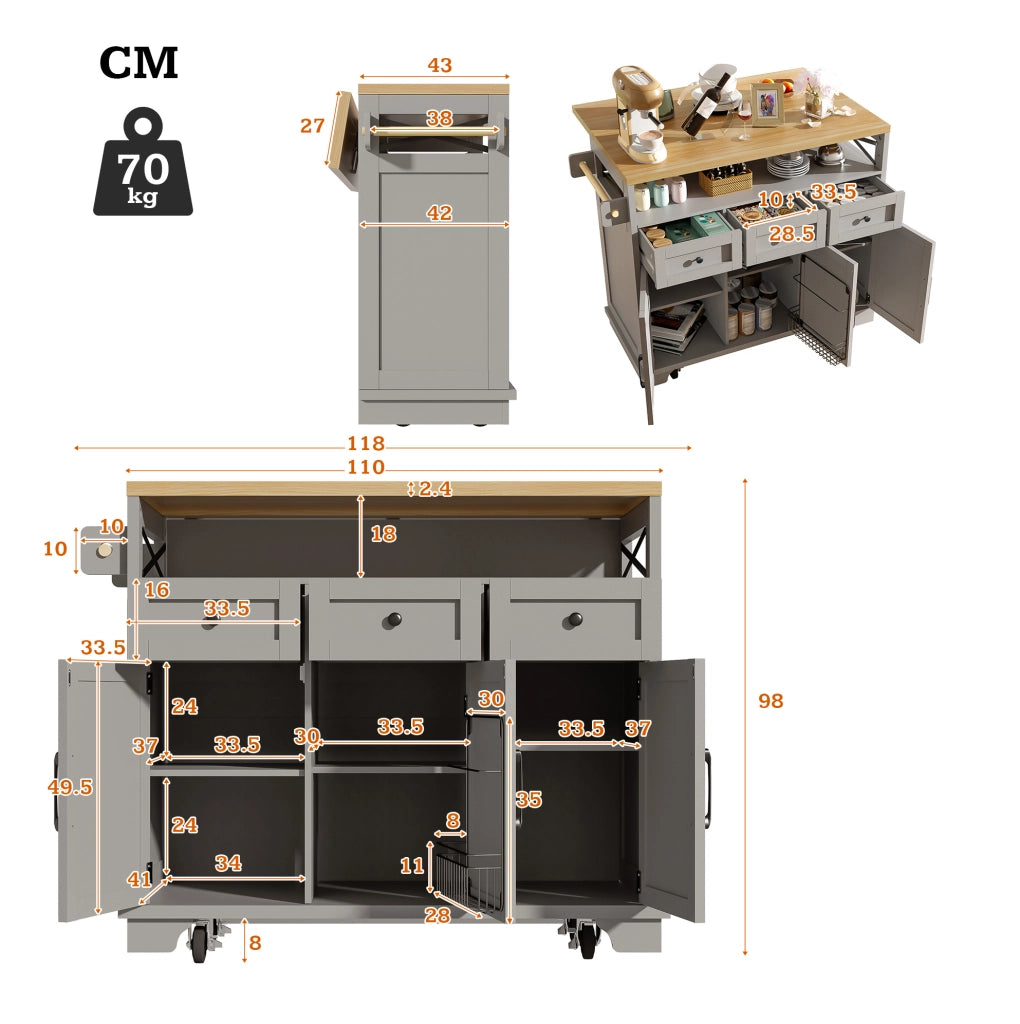Isola cucina 118 x 43-80 x 98 cm in MDF e metallo grigio, mobile