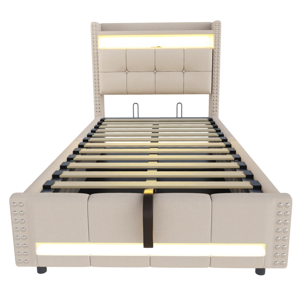 Letto imbottito 90x200 cm con LED; contenitore e porta USB in lino beige