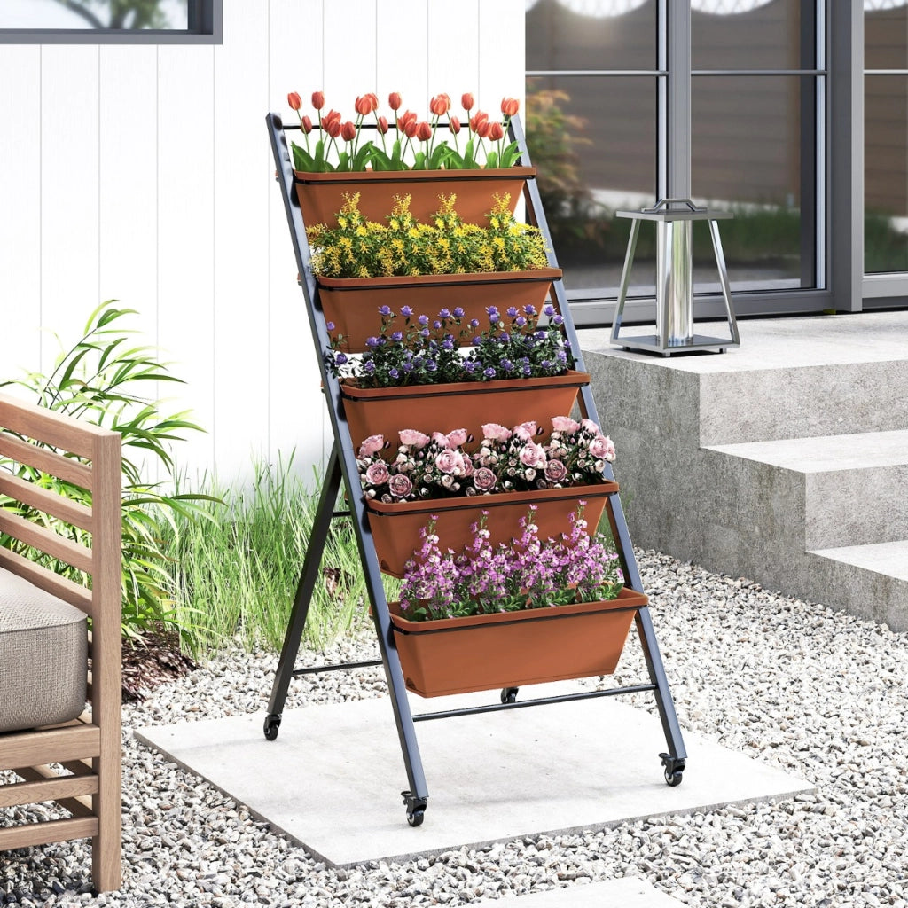 Letto da giardino a 5 livelli con 5 contenitori per piante, Supporto da giardinaggio rialzato in metallo Marrone-Scaffali per piante