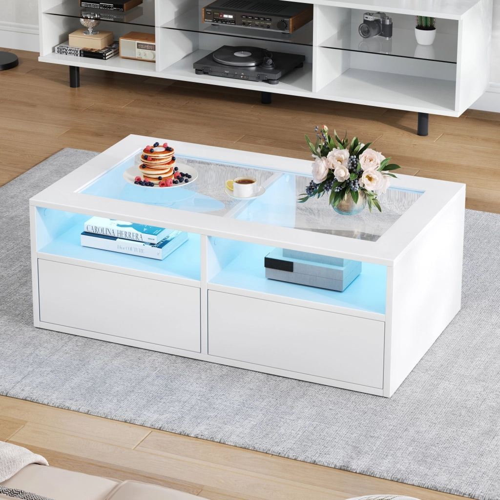 TAVOLINO DA CAFFÈ 100x50x35 cm Bianco in Vetro e Truciolato con LED e 2 Cassetti