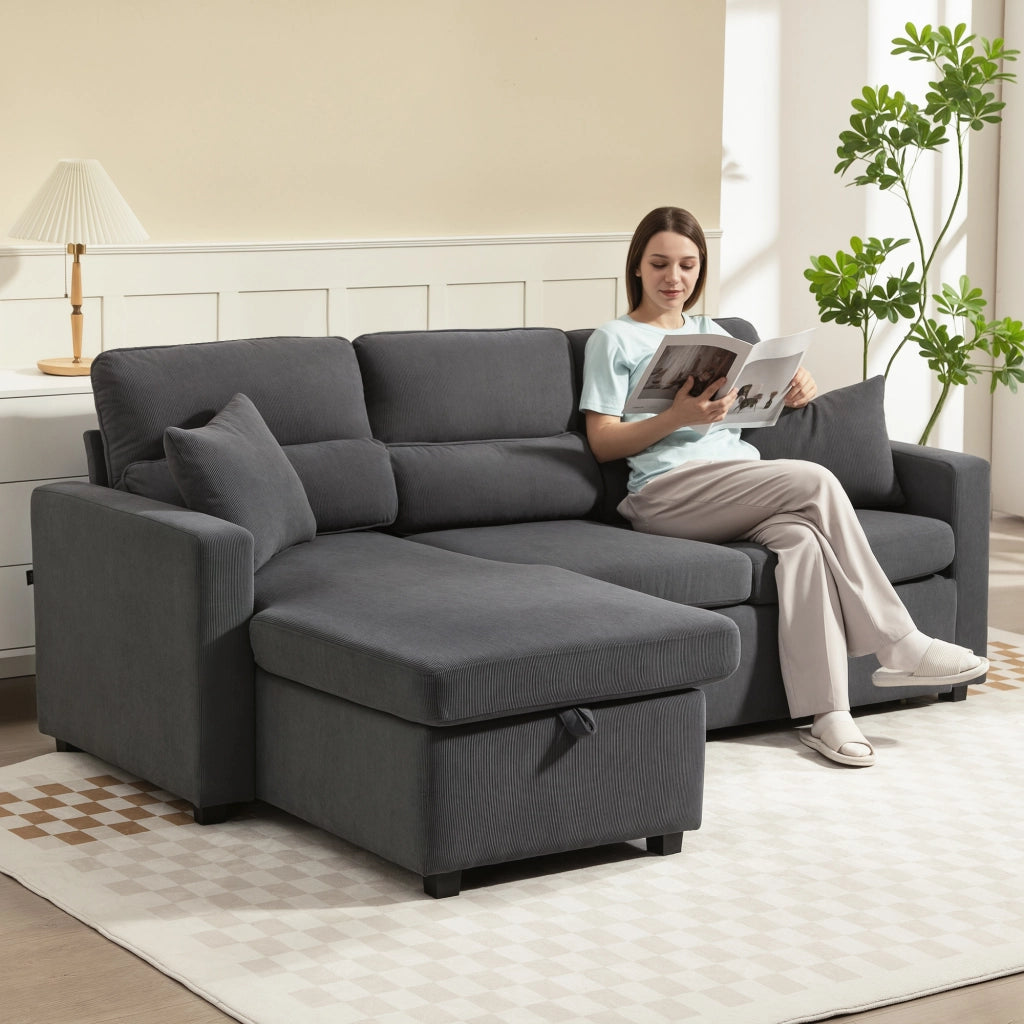 Divano letto angolare con contenitore e cuscini ¨C zephmum ¨C grigio scuro