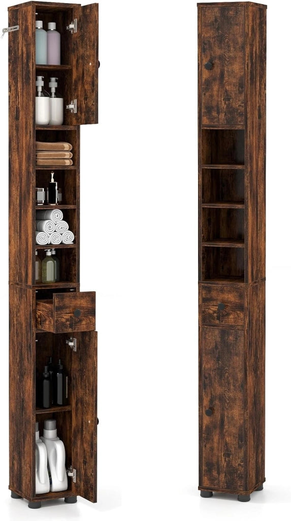 Colonna Bagno Alta, Ripiano in Vetro Temperato, Luce a 3 Colori, Piccolo Mobile di Stoccaggio Bagno, 2 Ante, 1 Cassetto, per Soggiorno, Ufficio, 20 x 20 x 181 cm(4Ripiano-2, Bianco)