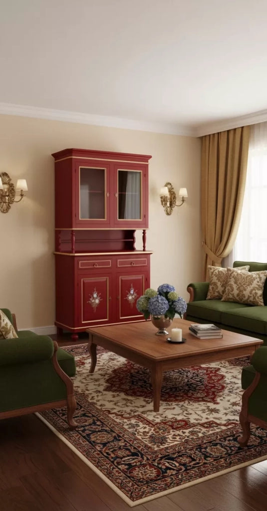 Cristalliera 2 porte shabby legno rosso decorata filo oro 104x43x208 - Mobili 2G