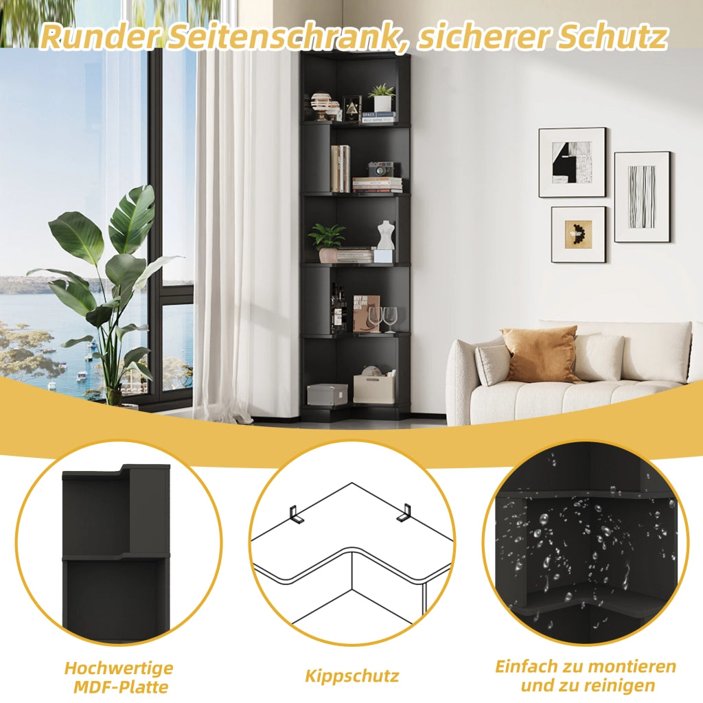 Libreria angolare con LED controllabile via app, 5 ripiani, per studio e ufficio, in MDF, nero, 63,5 × 45 × 175 cm
