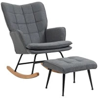 Poltrona a Dondolo con Poggiapiedi, Comodo, fino a 130 kg, Design in Lino, 64x89x90cm, Grigio