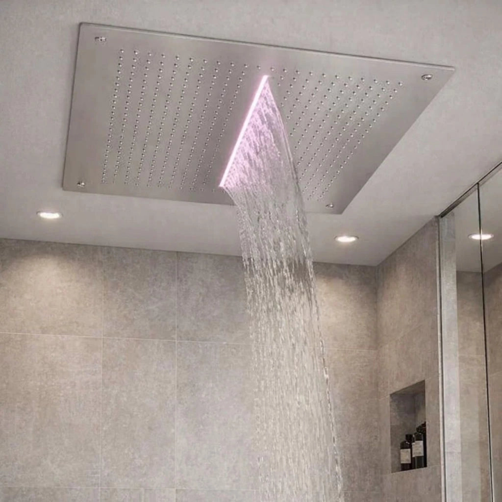 Soffione doccia led a soffitto installazione da incasso con cascata acciaio inox quadro