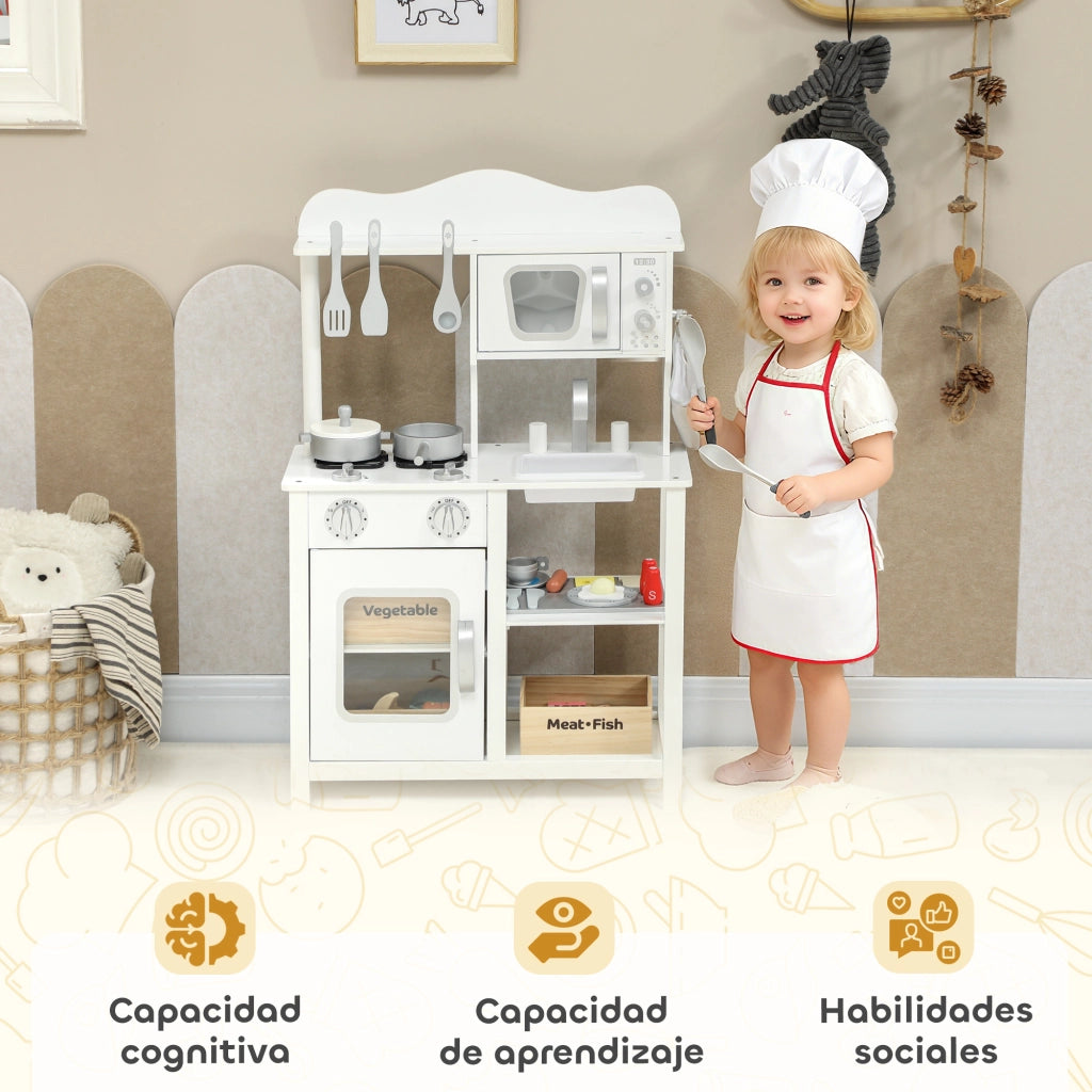 Cucina Giocattolo in Legno con Accessori Lavello Microonde per Bambini 3 Anni ¨C Minimal ¨C Bianco